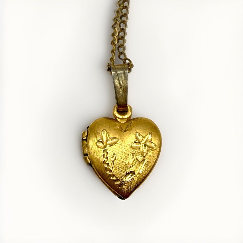 Vintage 14k Gold Filled 1/20 GF Heart Locket Necklace Petite Floral Photo Signed